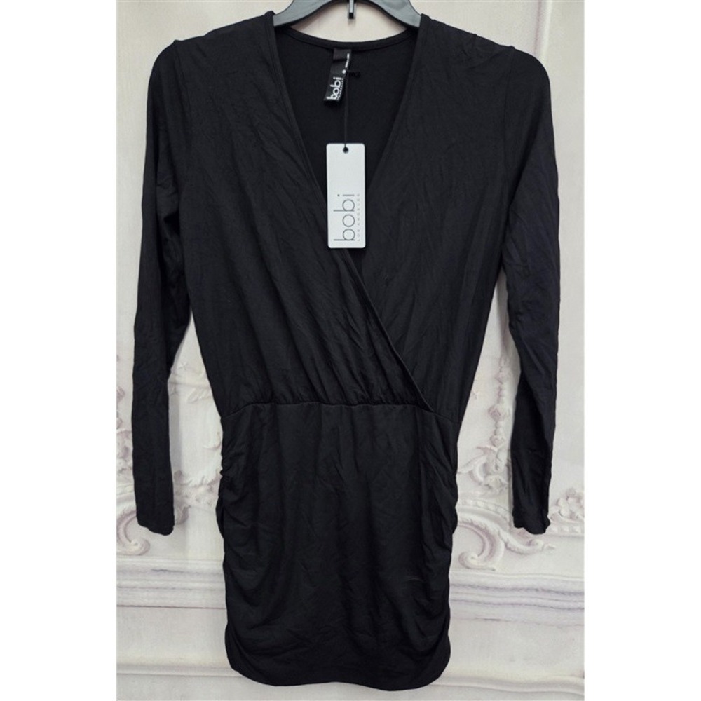 NWOT Bobi M Surplice Draped Modal Jersey Long Sleeve Dress Mini Black 132033